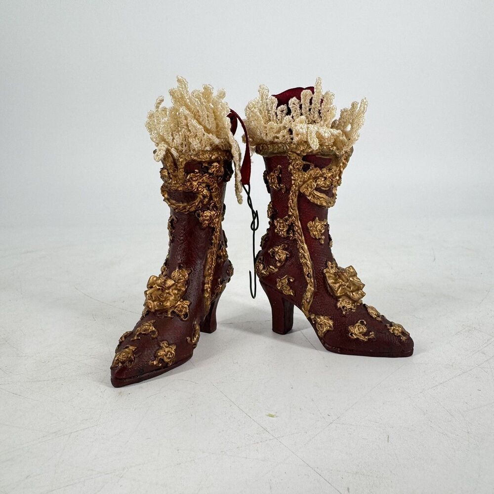 Victorian Boot Shoe Christmas Ornaments Pair Burgundy Gold Lace 3.5"